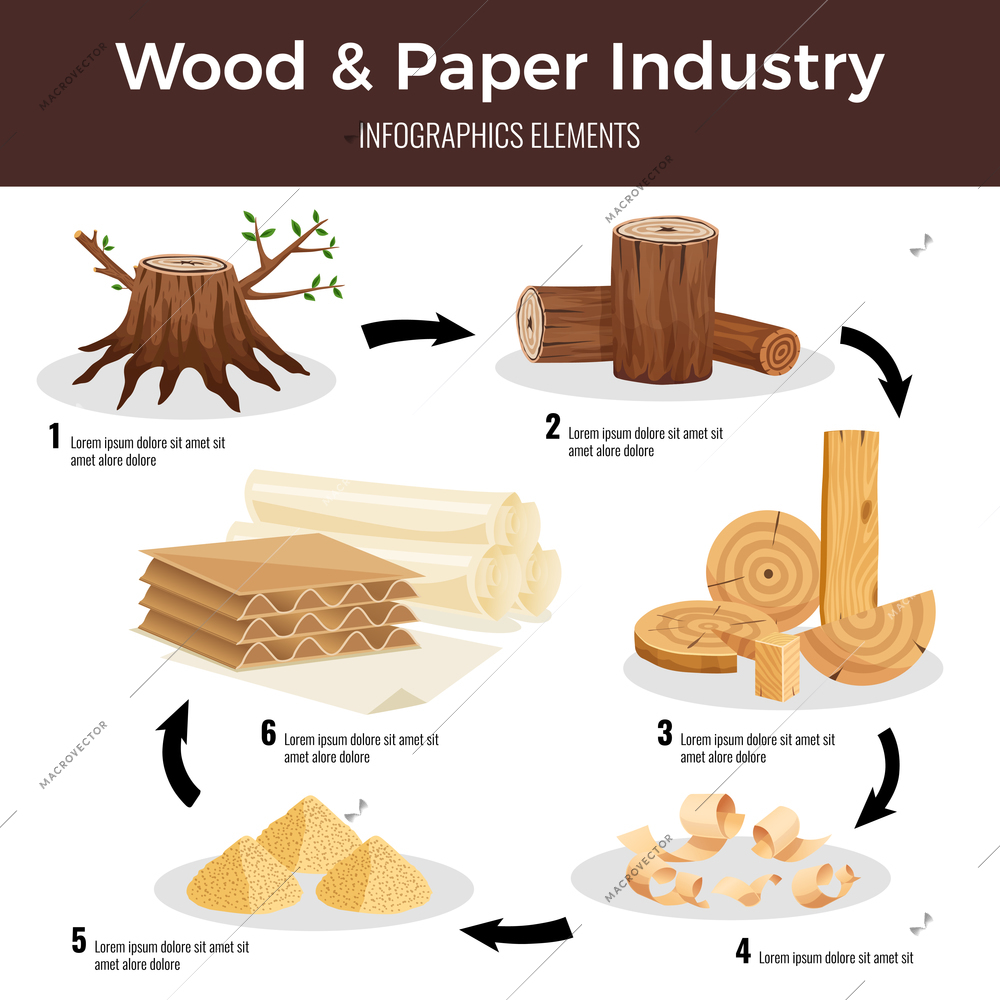 Wood paper manufacturing flat infographic schema from cut logs lumber chips pulp converted to paperboard vector illustration