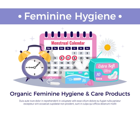 Organic feminine hygiene and care products flat advertising composition with menstrual calendar tampons ultra pads vector illustration