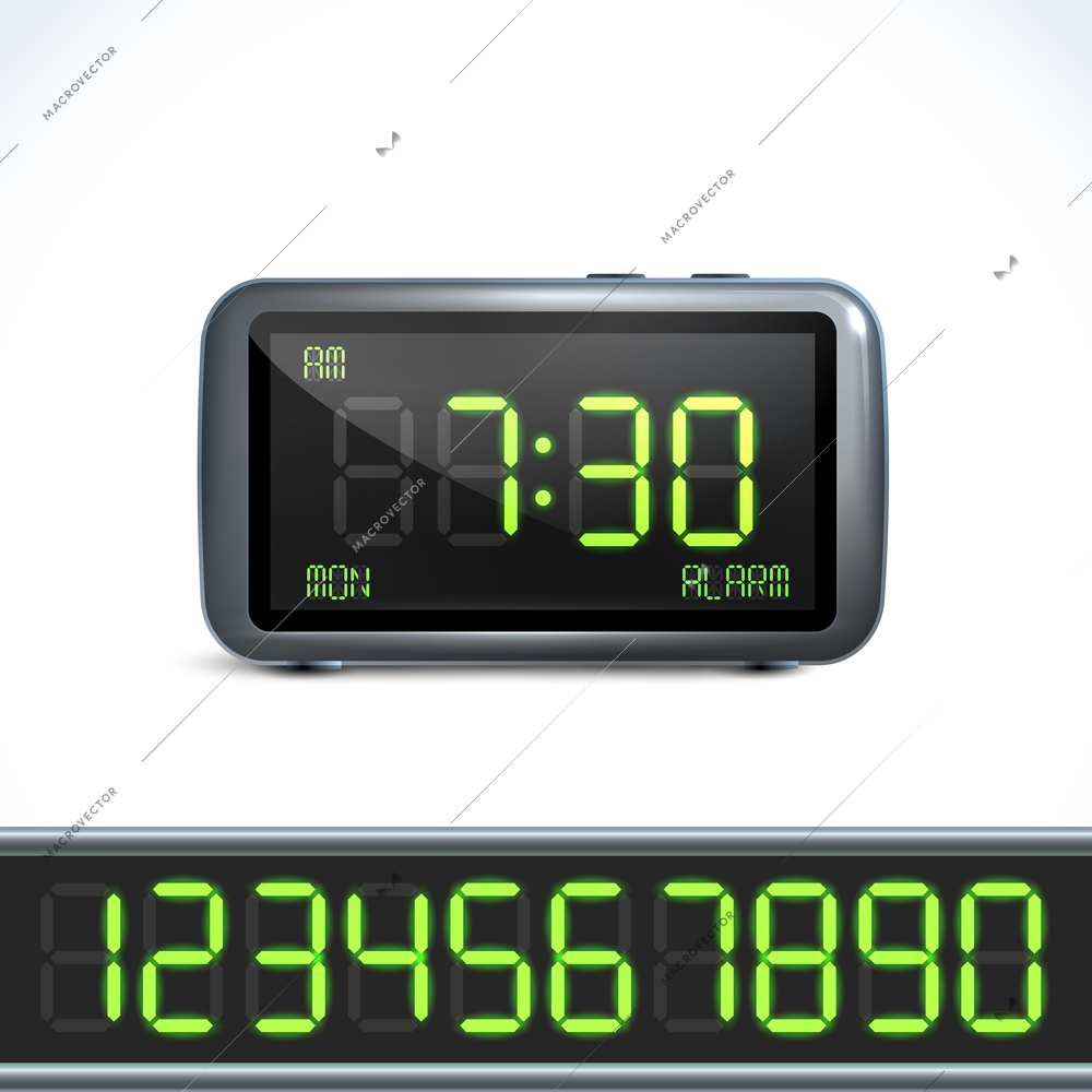 Realistic digital alarm clock with lcd display and numbers vector illustration