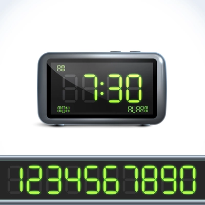 Realistic digital alarm clock with lcd display and numbers vector illustration