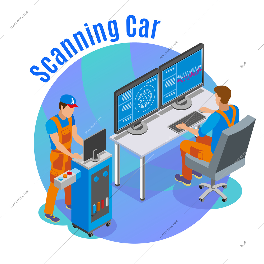 Auto scanning background with car service symbols isometric vector illustration