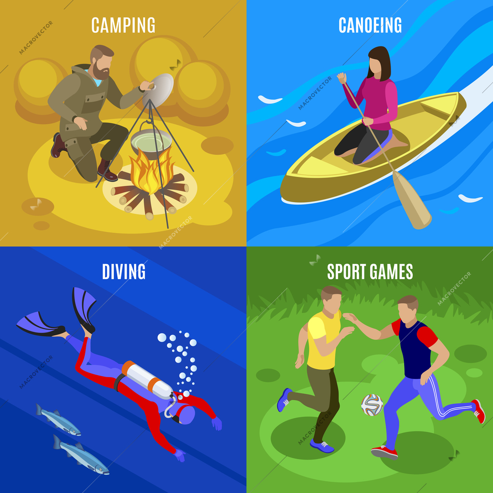 Outdoor activities concept icons set with camping and diving symbols isometric isolated vector illustration