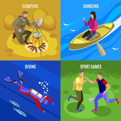 Outdoor activities concept icons set with camping and diving symbols isometric isolated vector illustration