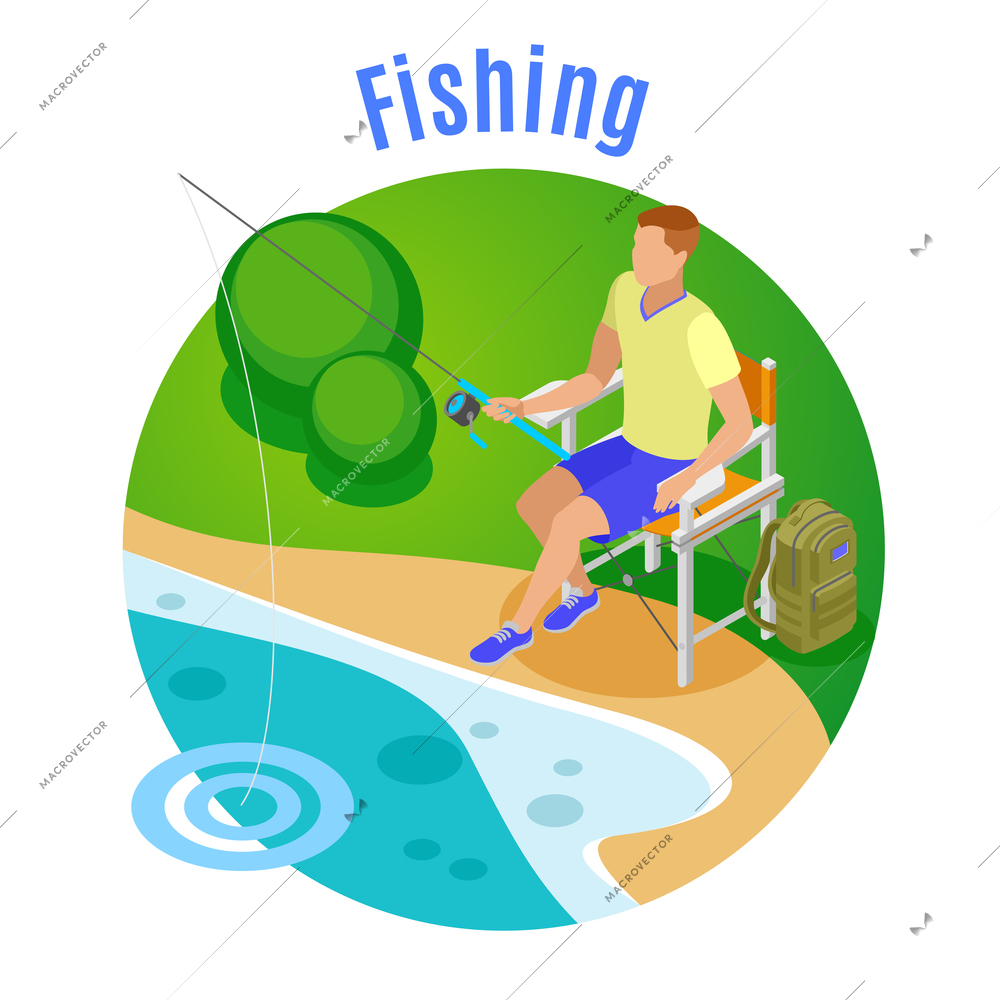 Fishing isometric composition with hobby and free time symbols vector illustration