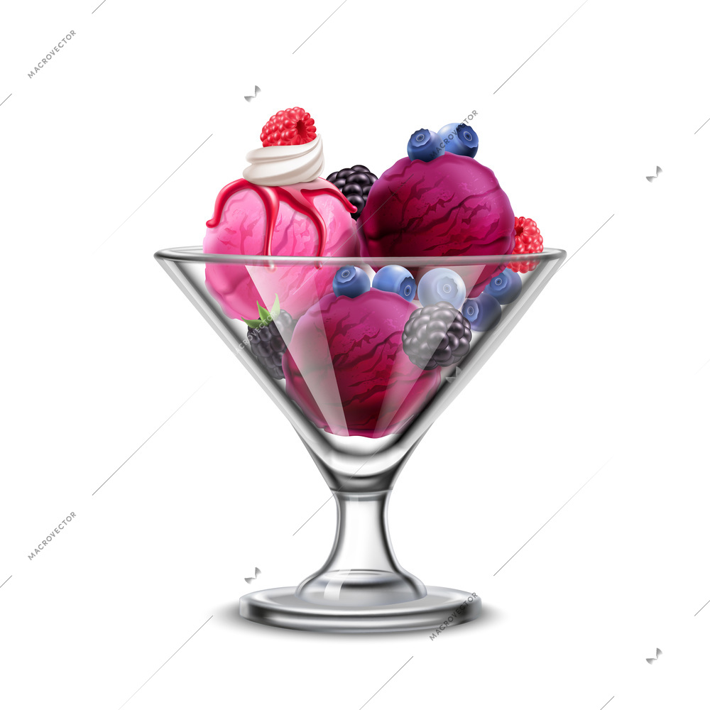 Ice cream in glass bowl realistic composition with fresh berries and violet scoops of icecream vector illustration