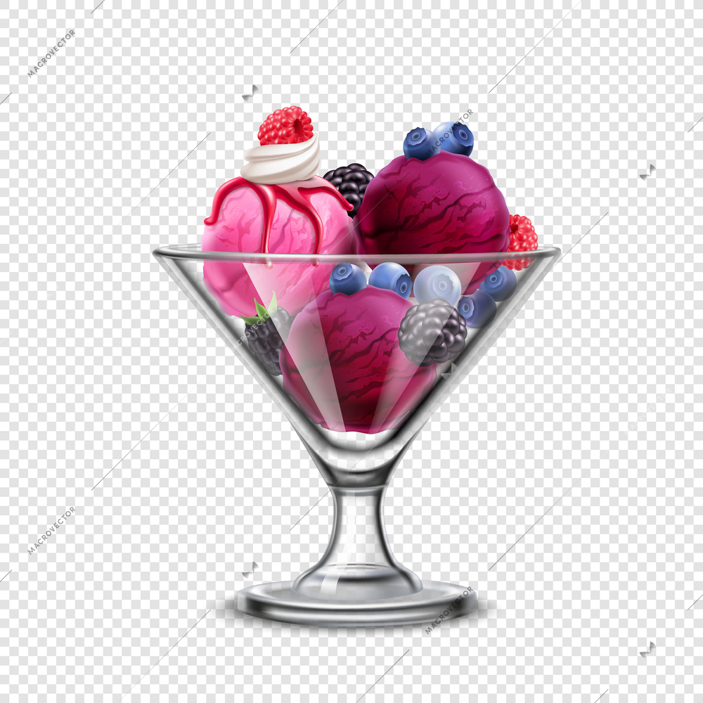 Ice cream in glass bowl realistic composition on transparent background with delicious berries and icecream scoops vector illustration