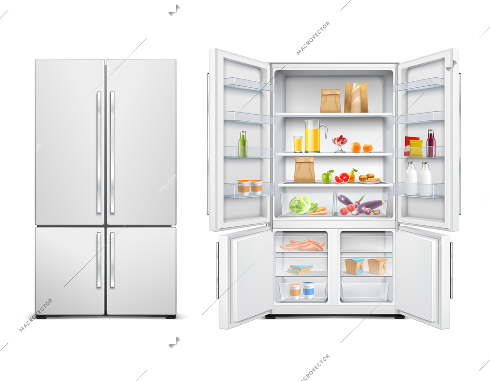 Refrigerator fridge realistic set of big family refrigerator with two doors filled with food products vector illustration