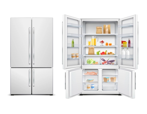 Refrigerator fridge realistic set of big family refrigerator with two doors filled with food products vector illustration