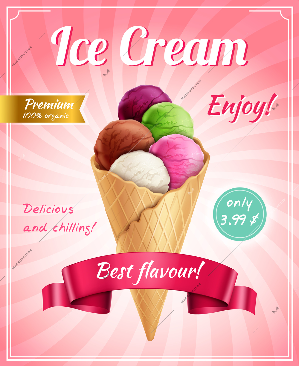 Ice cream poster advertising composition with frame editable text captions and realistic image of icecream cornet vector illustration