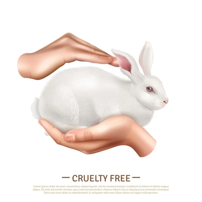 Cruelty free design concept with little cute rabbit in human hands as symbol of animals protection realistic vector illustration