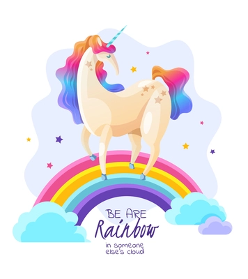 Postcard  for kids with cute unicorn standing on rainbow stars and clouds cartoon vector illustration