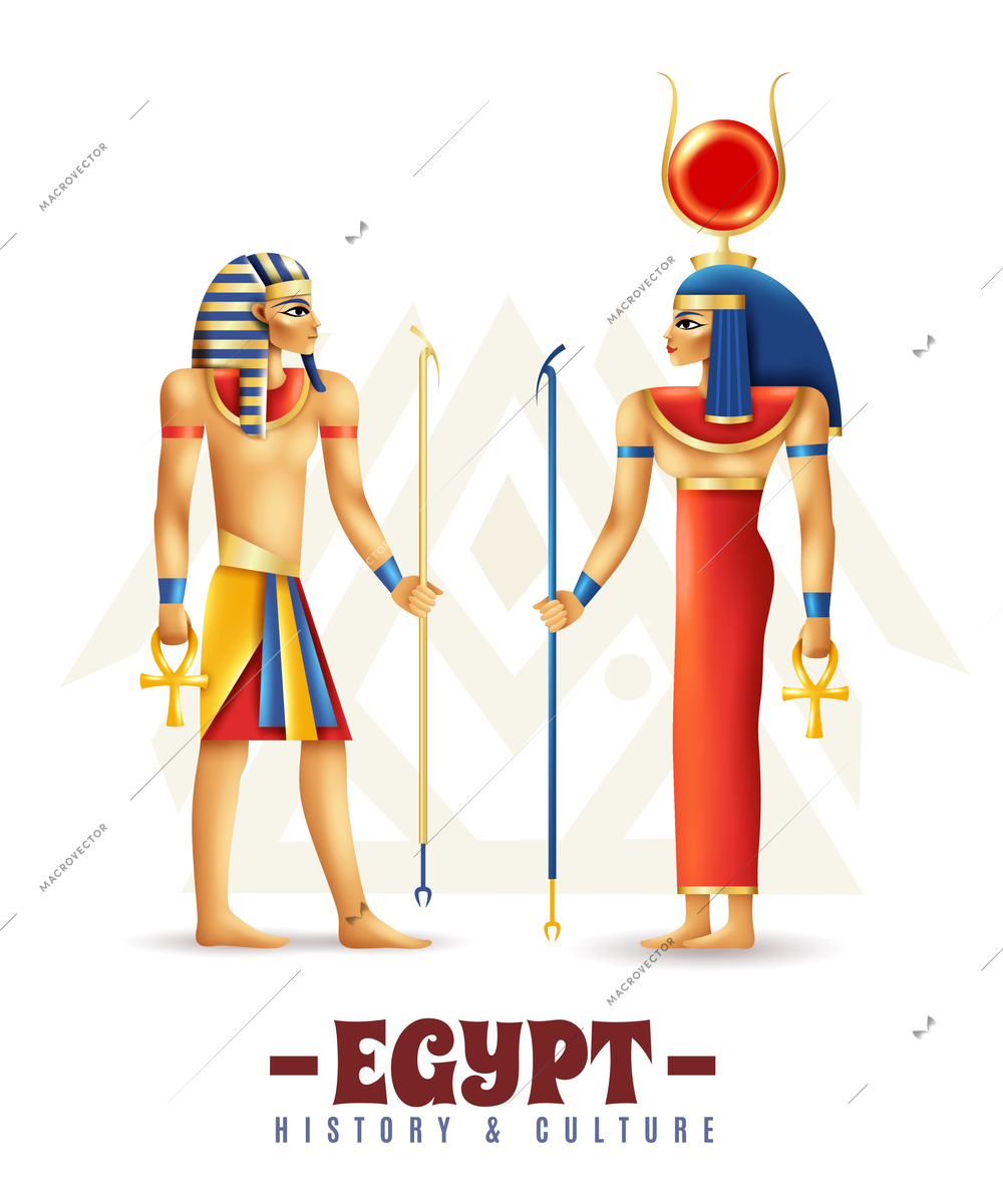 Egypt history and culture design concept in cartoon style with hathor and pharaoh persons vector illustration