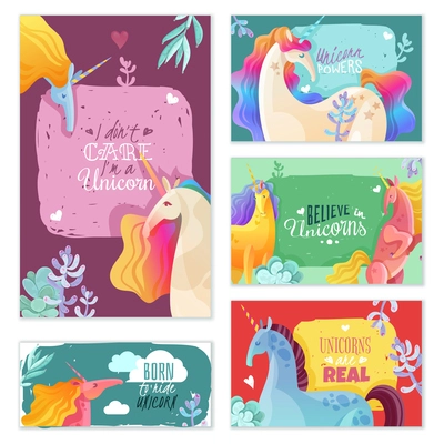 Collection of colorful magic cards in cartoon style with unicorn characters and slogan text vector illustration