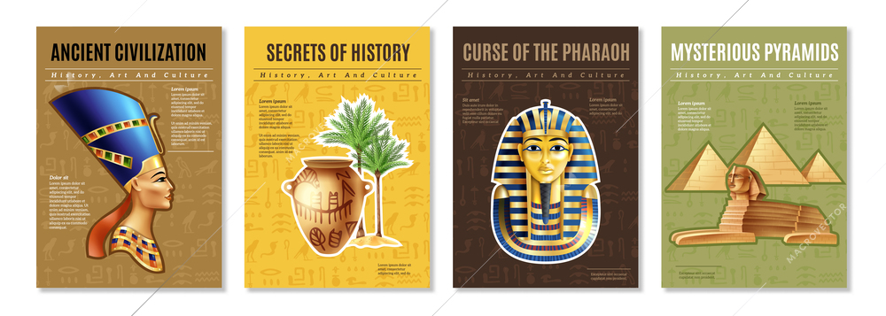 Egypt posters set with images of pharaoh tomb mysterious pyramid and ancient artifacts cartoon vector illustration