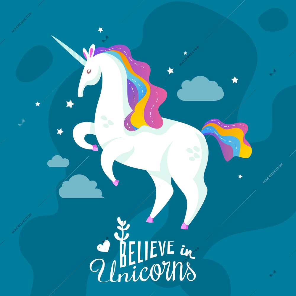 Magic cartoon background with unicorn galloping through night sky and offer to believe in miracles vector illustration