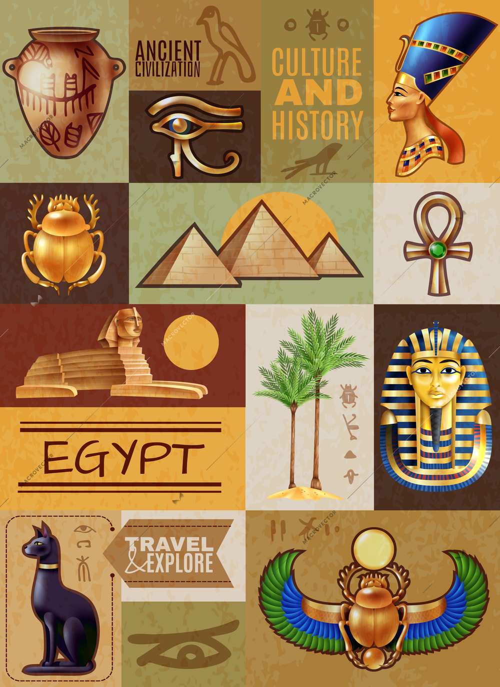 Egypt guide poster composed of ancient symbols historical landmarks and famous persons cartoon vector illustration