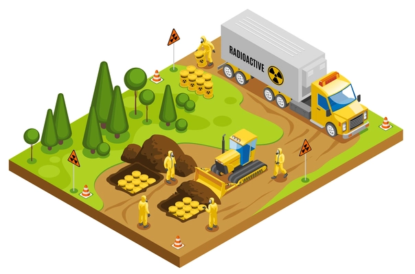 Safe radioactive toxic waste management storage transportation and disposal in underground geological repository isometric composition vector illustration