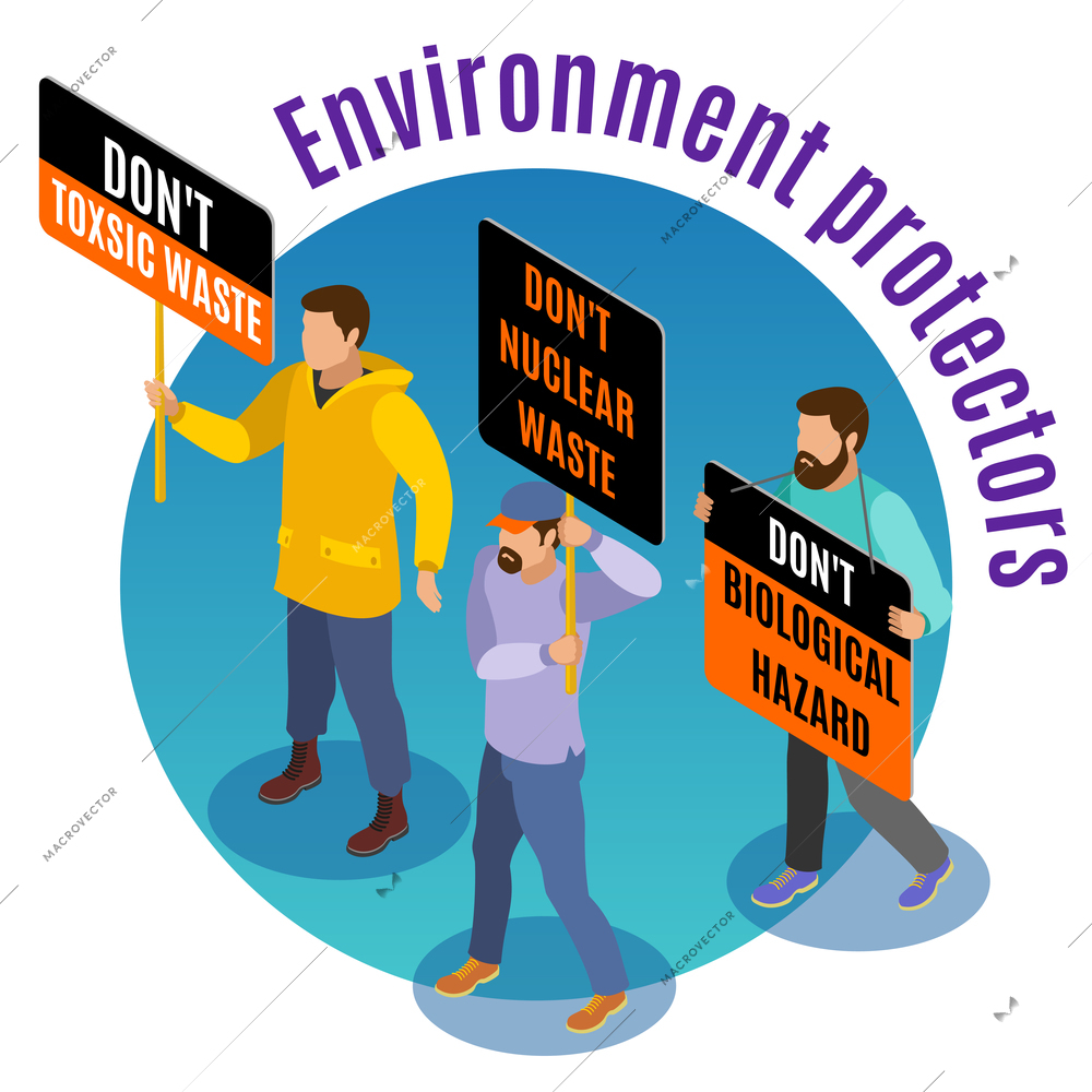 Toxic waste danger isometric background composition poster with environmental activists biological nuclear hazards warning march vector illustration