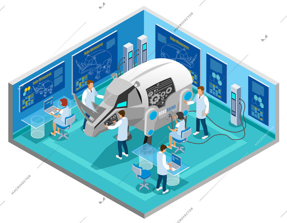 Bio robots replacing animal testing isometric composition with automated rhinoceros research procedure in scientific laboratory vector illustration