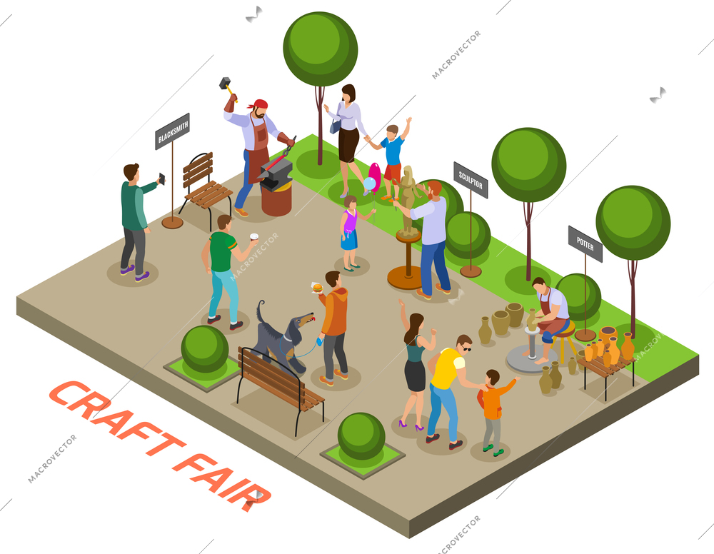 Seasonal outdoor craft fair event isometric composition with craftsmen demonstrating skills and selling handmade objects vector illustration