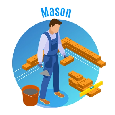 Craftsman isometric decorative round background composition with mason laying bricks with trowel cement and level vector illustration