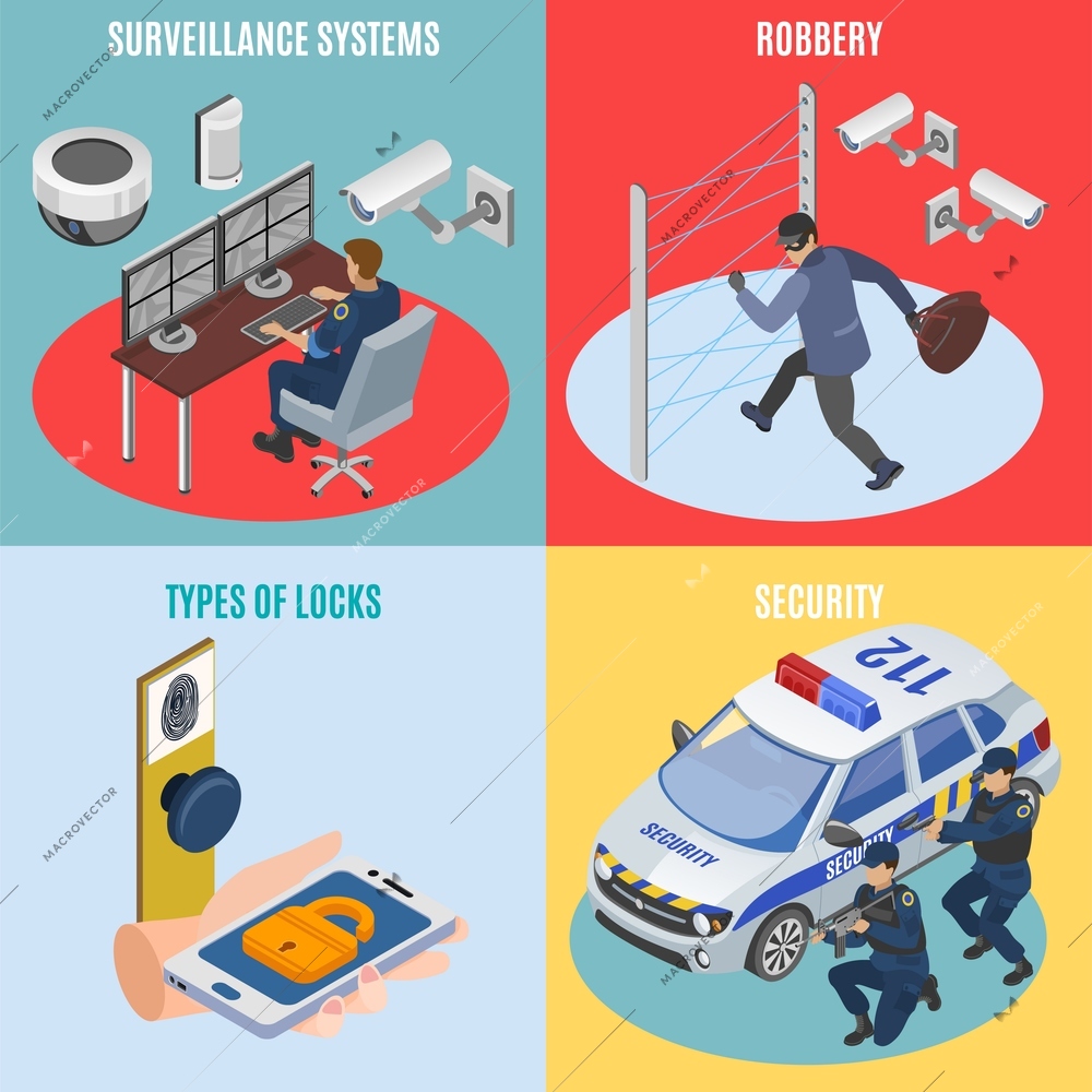 Security systems isometric 4 icons square concept with surveillance technology robbery protection electronic locks isolated vector illustration