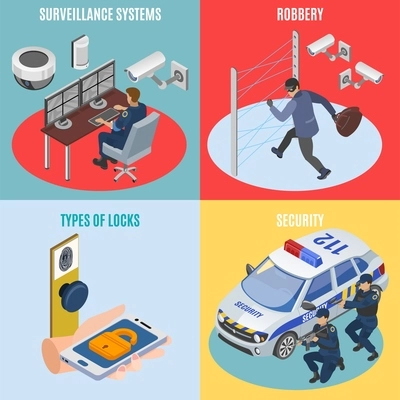 Security systems isometric 4 icons square concept with surveillance technology robbery protection electronic locks isolated vector illustration