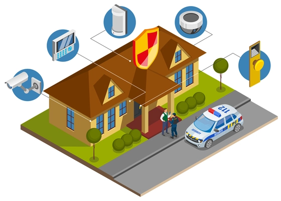 Security system installation isometric composition with building protection  devices symbols and surveillance service officer arrival vector illustration