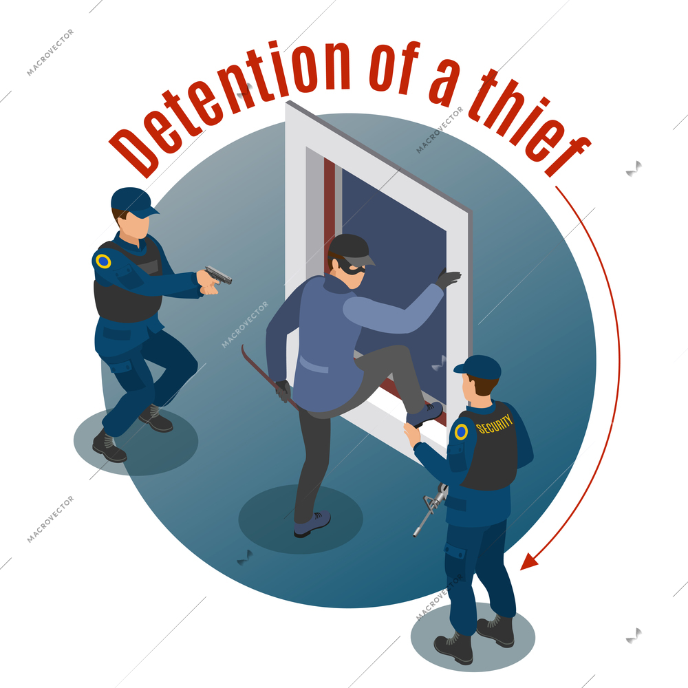 Security systems isometric round background composition with burglar detention by armed surveillance officers crime scene vector illustration