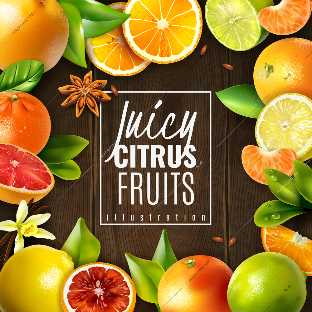 Various juicy citrus fruits and condiments on wooden background realistic vector illustration