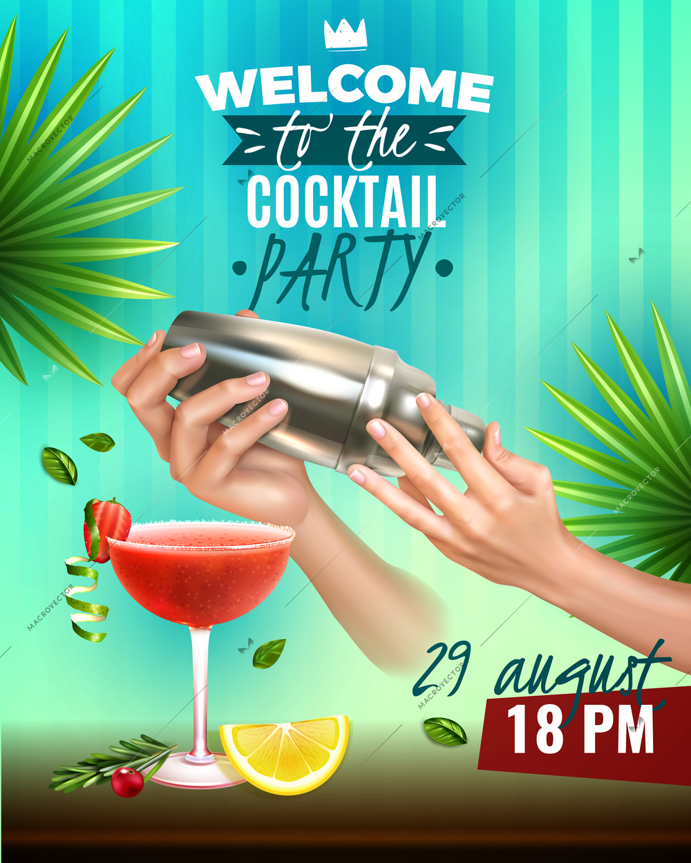 Realistic cocktail party colorful poster with bartender hands making delicious drinks vector illustration