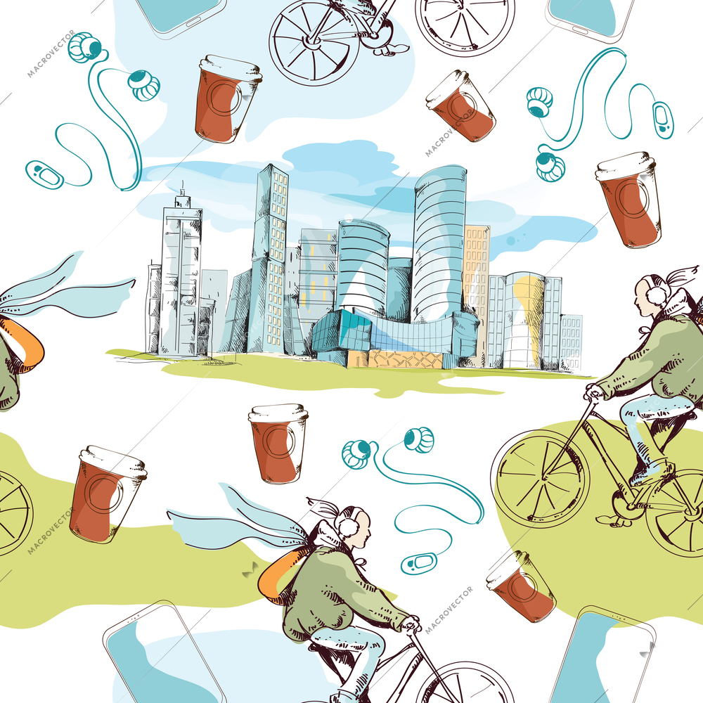 Modern urban city sketch seamless pattern with skyscrapers and bicyclists vector illustration