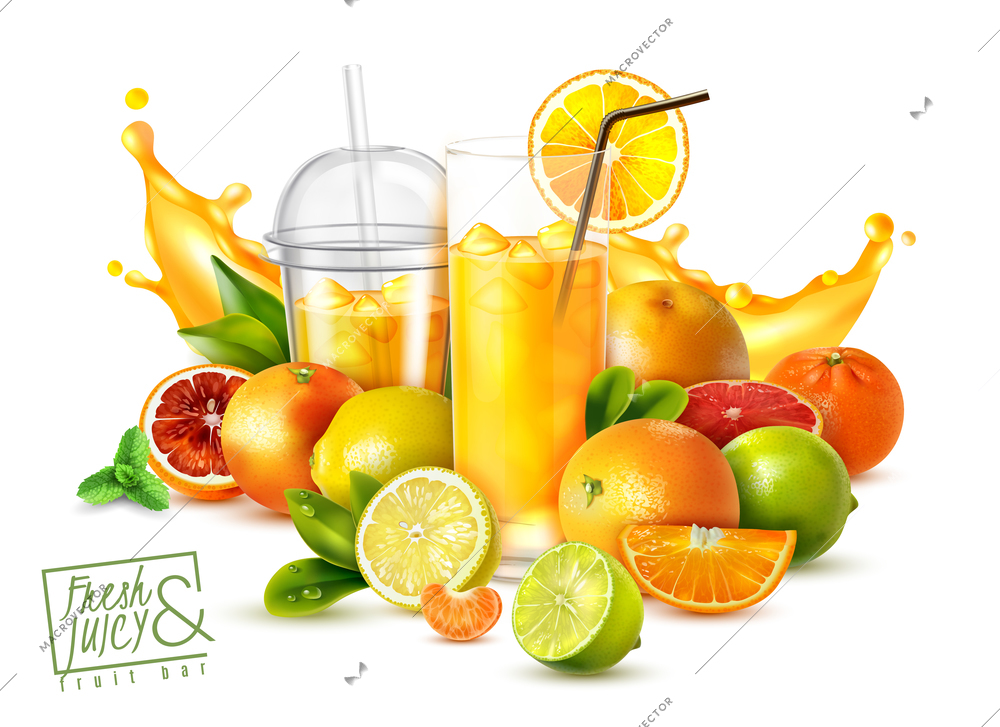 Realistic poster with citrus fruits and glasses of cold fresh juice on white background vector illustration