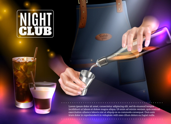 Male bartender making cocktails in night club realistic vector illustration