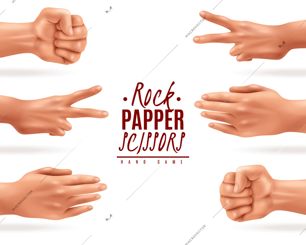 Realistic background with rock paper scissors hand game process isolated vector illustration