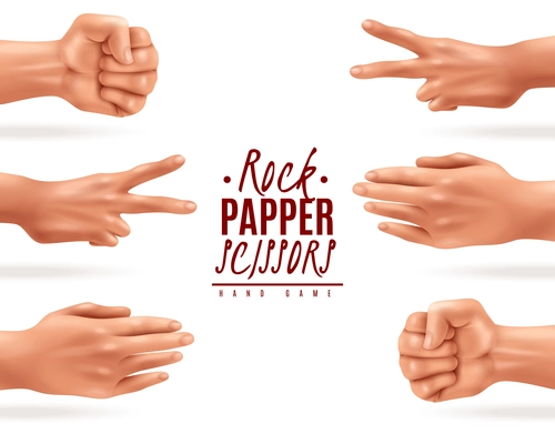 Realistic background with rock paper scissors hand game process isolated vector illustration