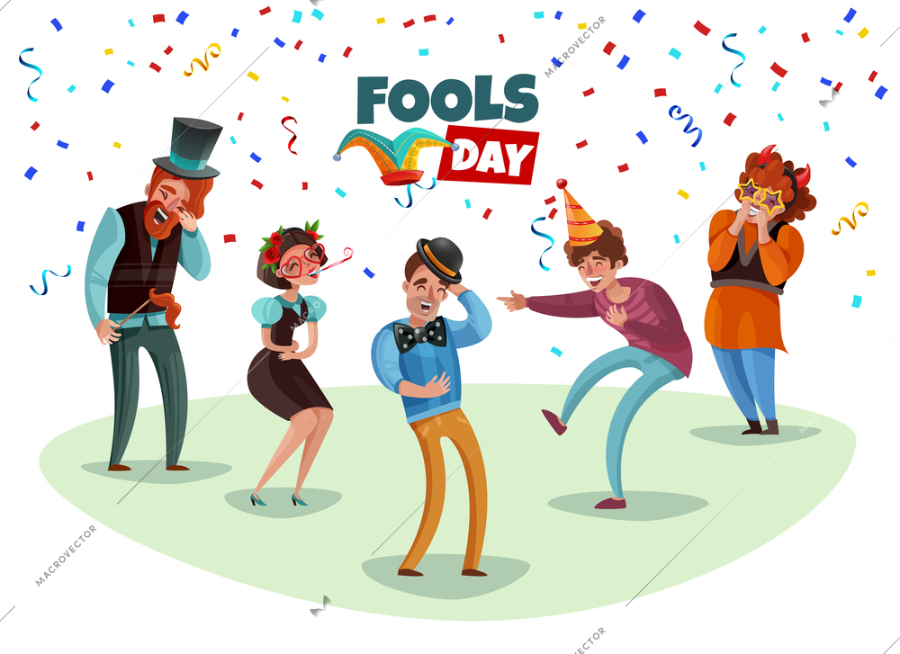 Happy laughing people celebrating april fools day cartoon vector illustration