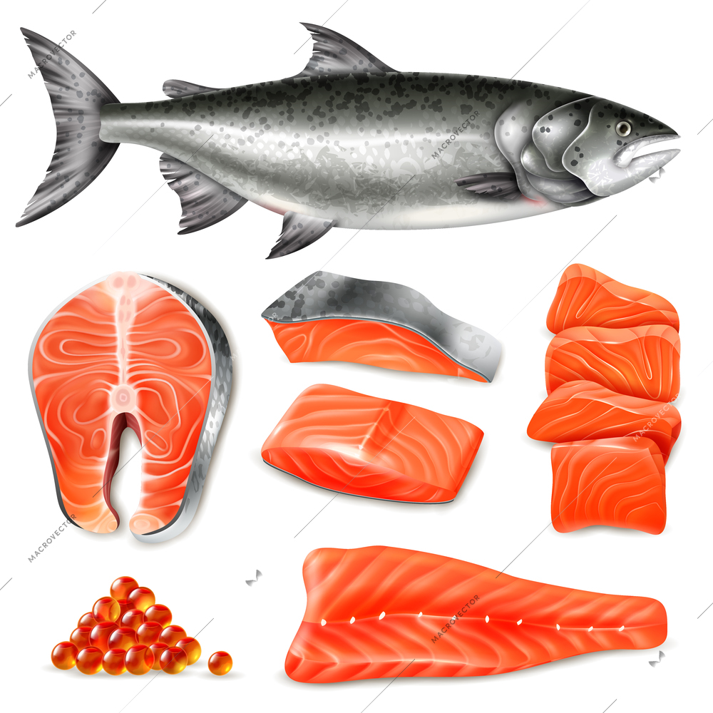 Salmon fish raw steaks and caviar icons set isolated on white background realistic vector illustration