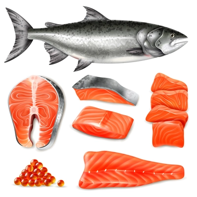 Salmon fish raw steaks and caviar icons set isolated on white background realistic vector illustration