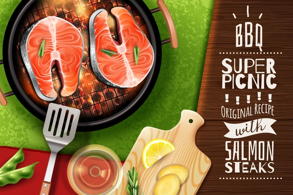 Realistic background with grilled salmon steak vector illustration