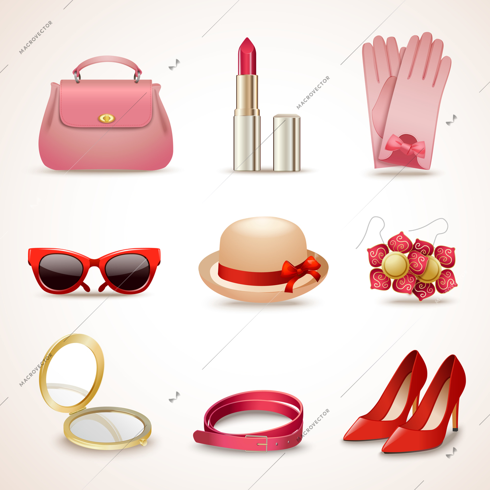 Woman fashion stylish casual shopping accessory collection icons set isolated vector illustration