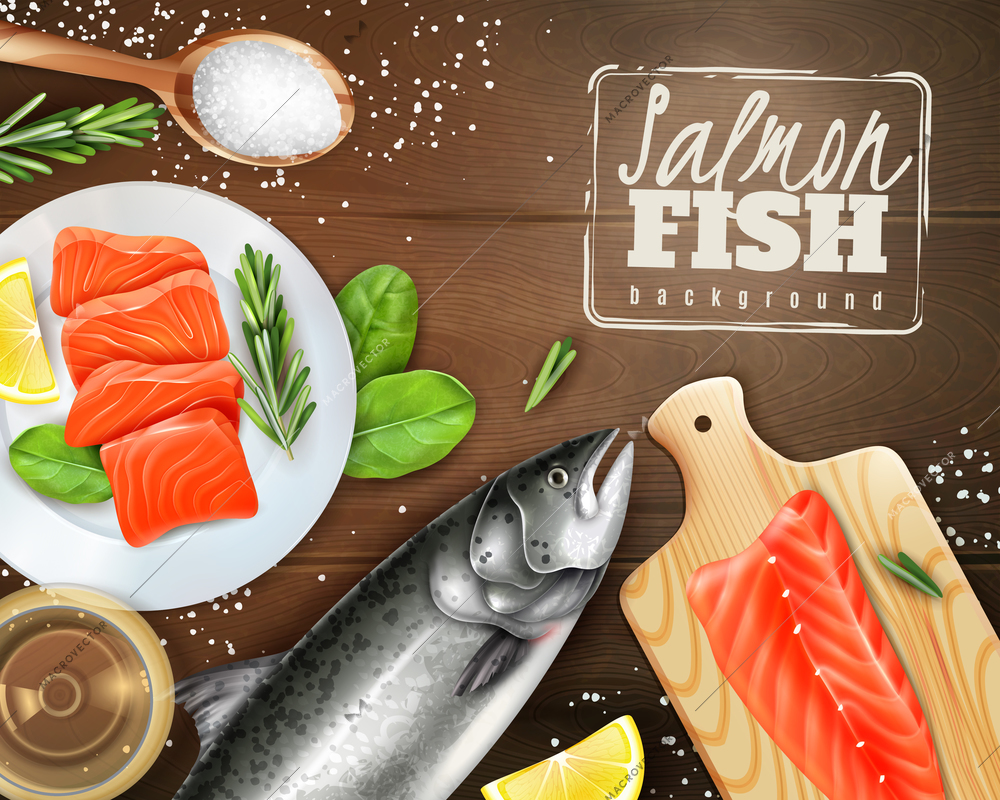 Realistic background with raw salmon with different herbs on wooden table vector illustration