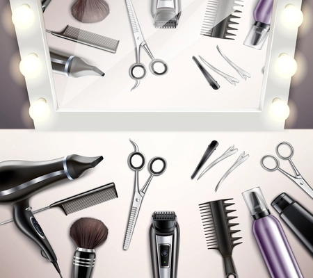 Hairdress tools for hairstyle and haircut top view realistic vector illustration