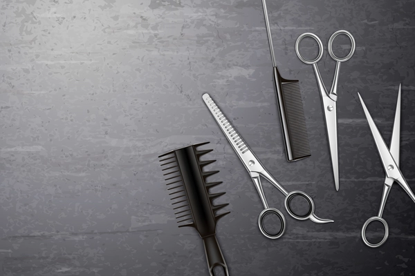 Hairdress tools background with comb and scissors on table realistic vector illustration