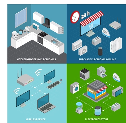 Consumer electronics 2x2 design concept set of kitchen gadgets wireless devices and online purchase square compositions isometric vector illustration