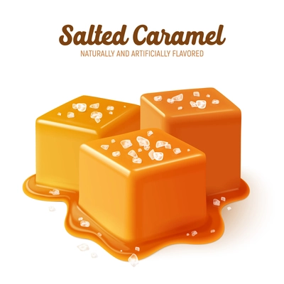 Colored and realistic salted caramel composition with naturally and artificially flavored headline vector illustration