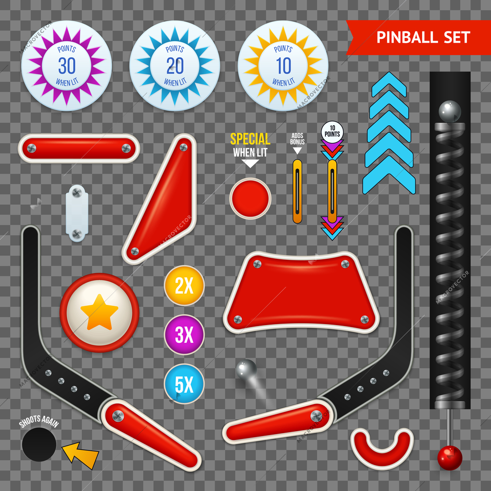 Isolated pinball elements transparent icon set with different set of buttons and tools vector illustration