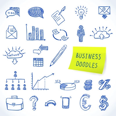 Doodle business set of finance economy marketing decorative icons isolated vector illustration