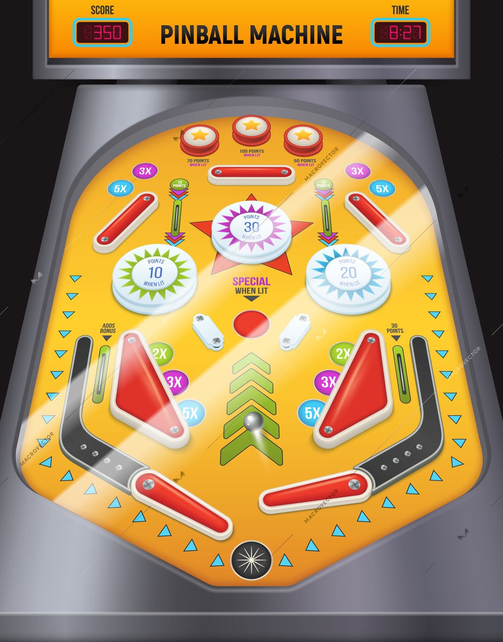 Colored and cartoon pinball machine composition game machine in the entertainment center vector illustration