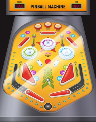 Colored and cartoon pinball machine composition game machine in the entertainment center vector illustration